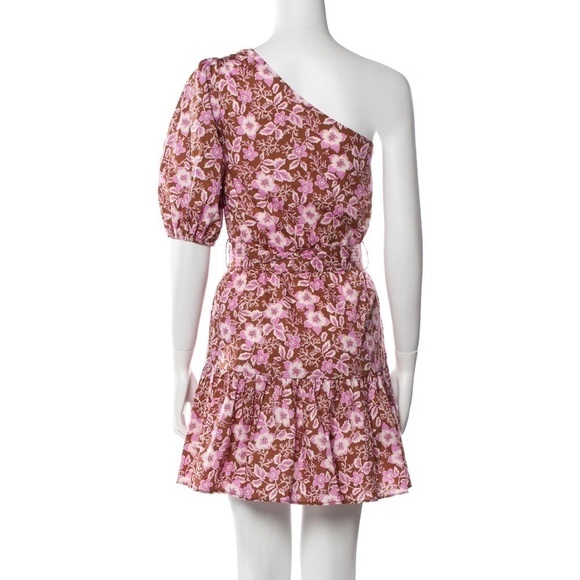 New Jason Wu One Shoulder Puff Sleeve Floral Belted Mini Dress Pink Tan XS - Picture 2 of 13